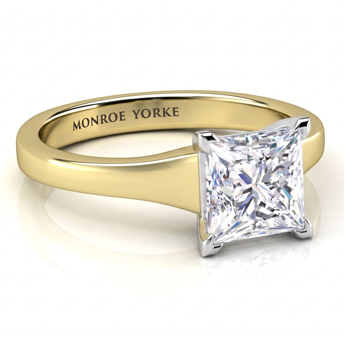 Chester -  princess-cut diamond engagement ring with a yellow gold band, featuring the brand name 'MONROE YORKE' engraved inside the band, set against a clean white background.