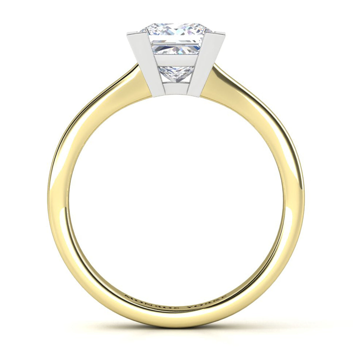 A yellow gold ring with a princess cut diamond set in a white metal prong, shown on a clean white background.