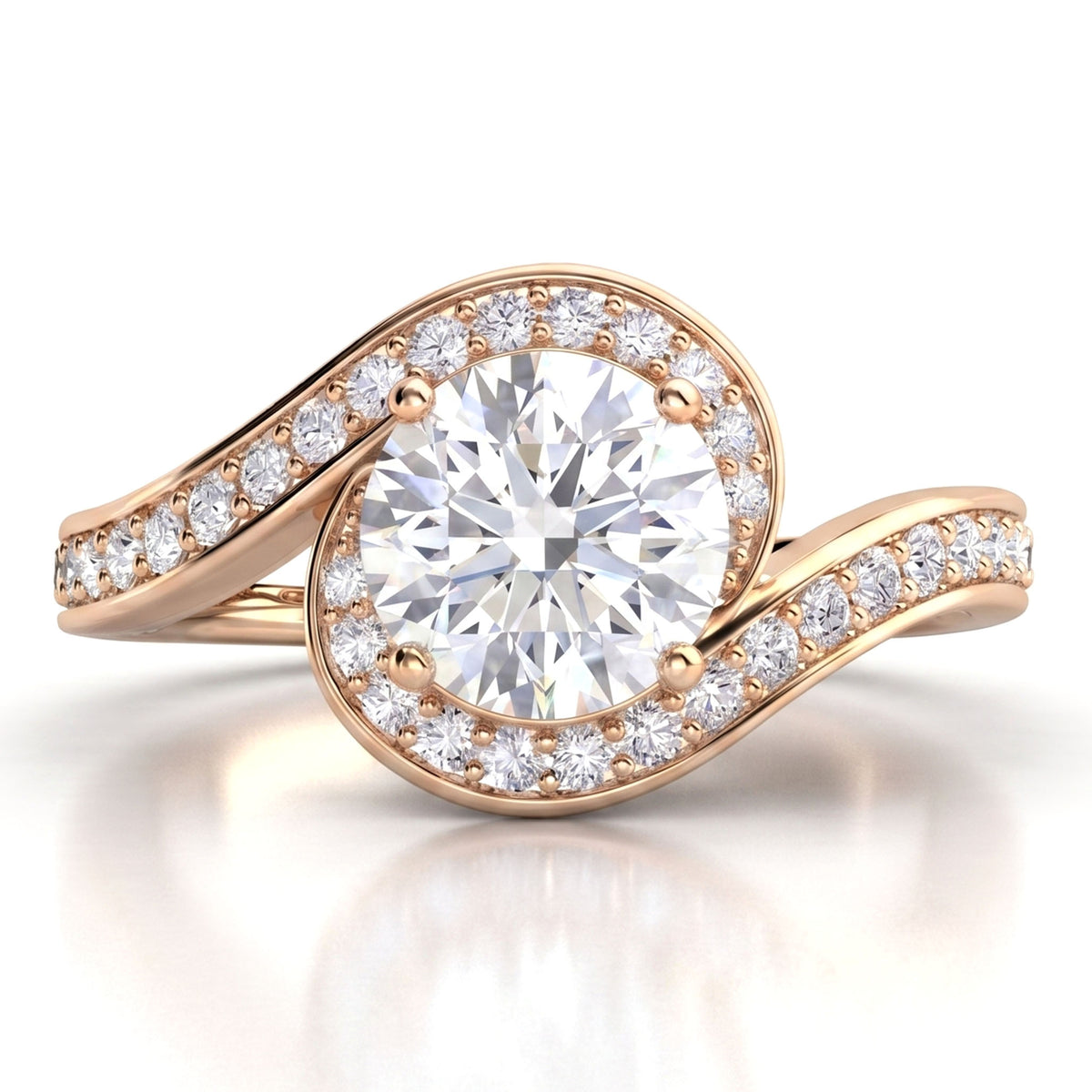 Clementine rose gold engagement ring, round centre diamond wrapped by a micro claw set diamond band.