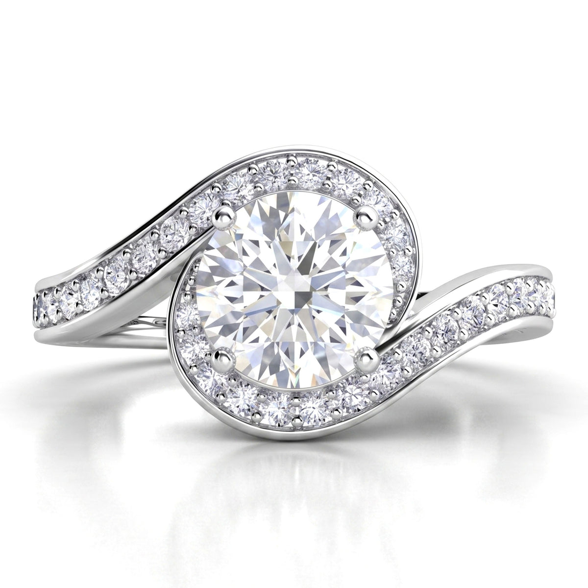 Clementine unique halo engagement ring in white gold or platinum, round centre diamond encircled by the diamond set band.
