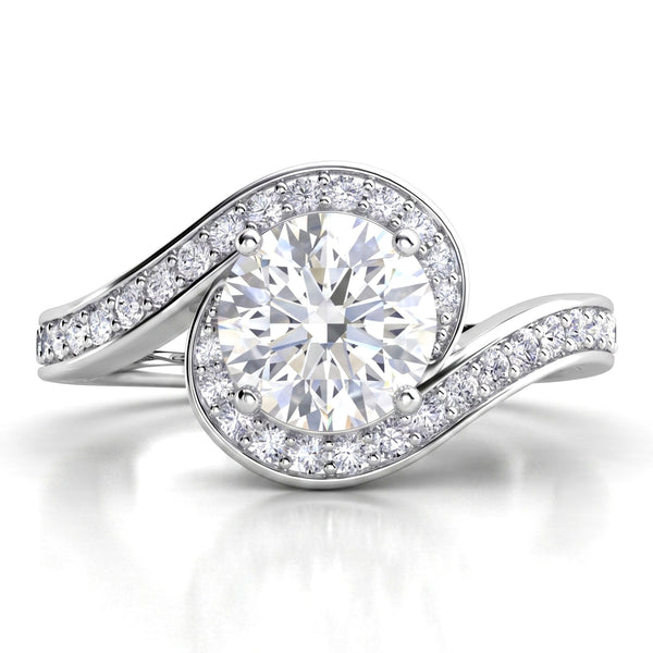 Clementine unique halo engagement ring in white gold or platinum, round centre diamond encircled by the diamond set band.