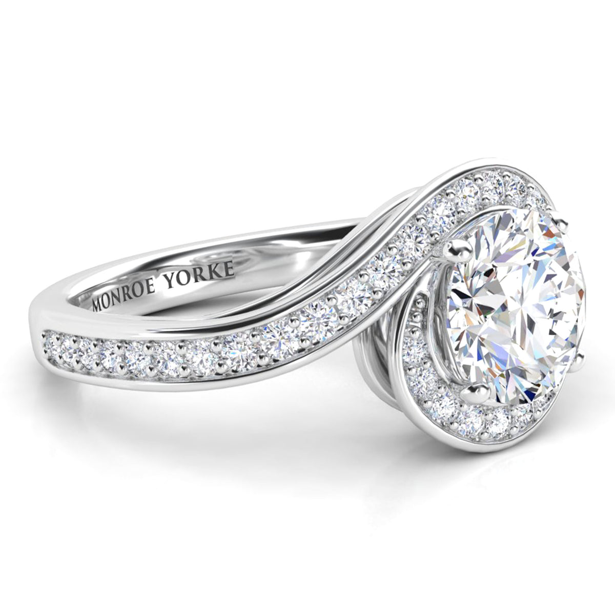 Clementine unique halo engagement ring in white gold or platinum, side view showing the band wrapping the centre diamond.