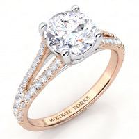 Cora rose gold split band engagement ring, round centre diamond above the diamond set split band.