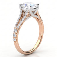 Cora rose gold split band engagement ring, side view showing the crossover centre setting.
