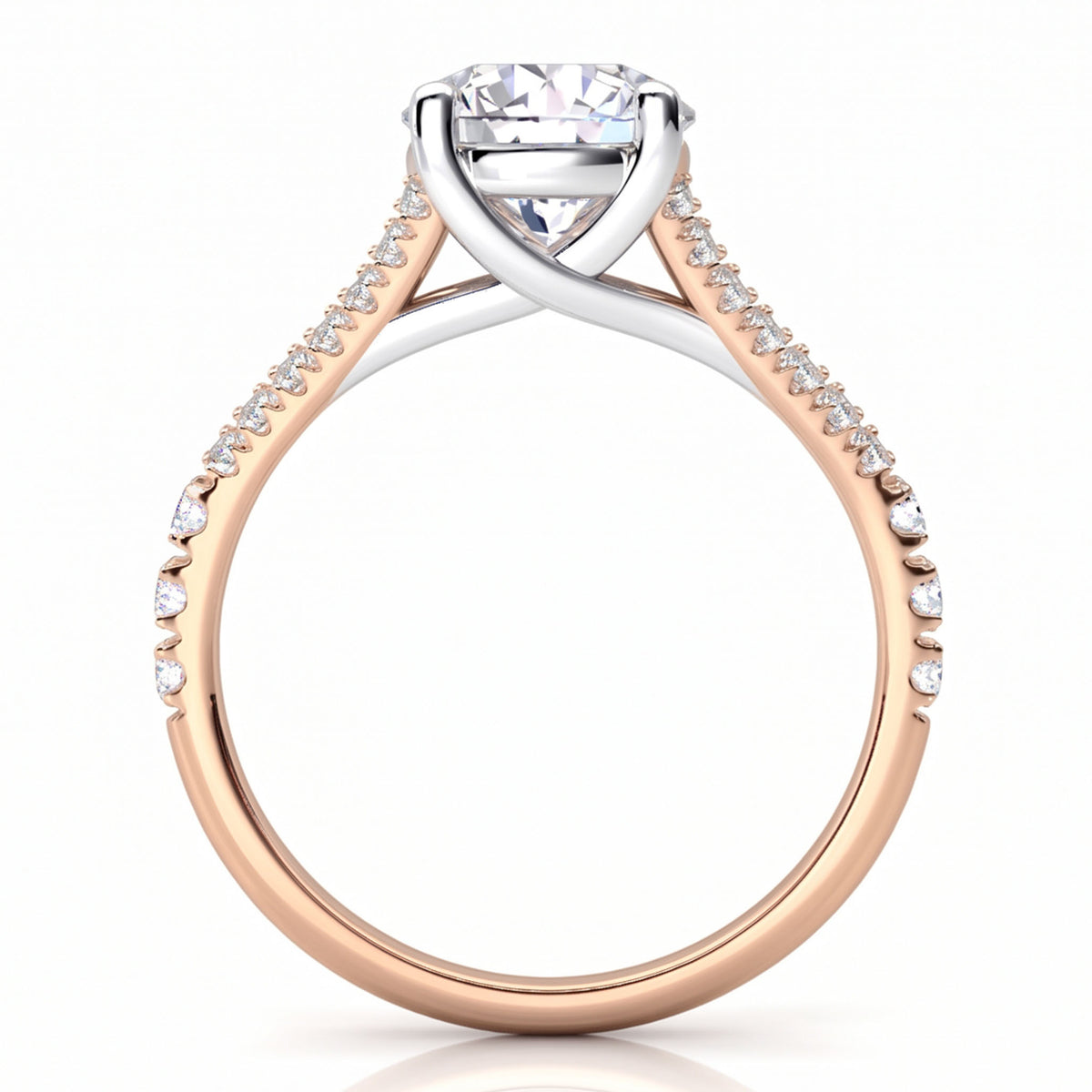 Cora rose gold split band engagement ring, second side view of the crossover centre setting and the split band.
