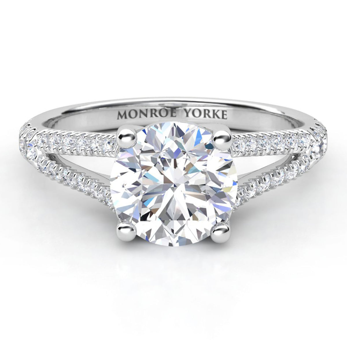 Cora split band engagement ring in white gold or platinum, diamonds set along both sides of the split band.