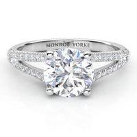 Cora split band engagement ring in white gold or platinum, diamonds set along both sides of the split band.
