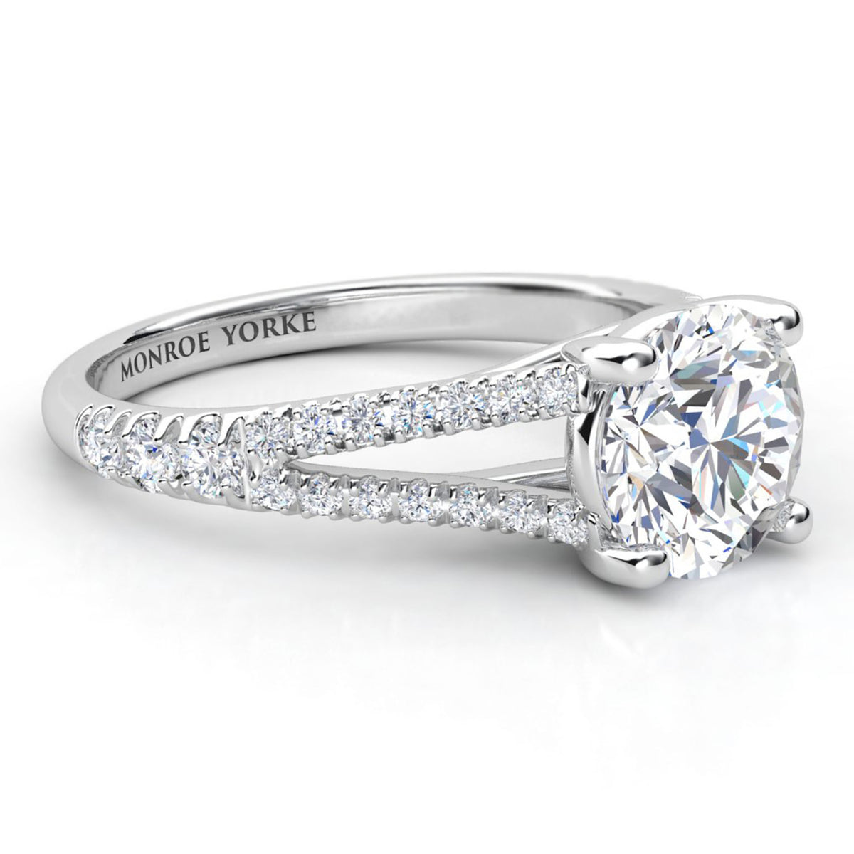 Cora split band engagement ring in white gold or platinum, close view of the micro claw set diamonds on the split band.