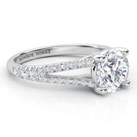 Cora split band engagement ring in white gold or platinum, close view of the micro claw set diamonds on the split band.