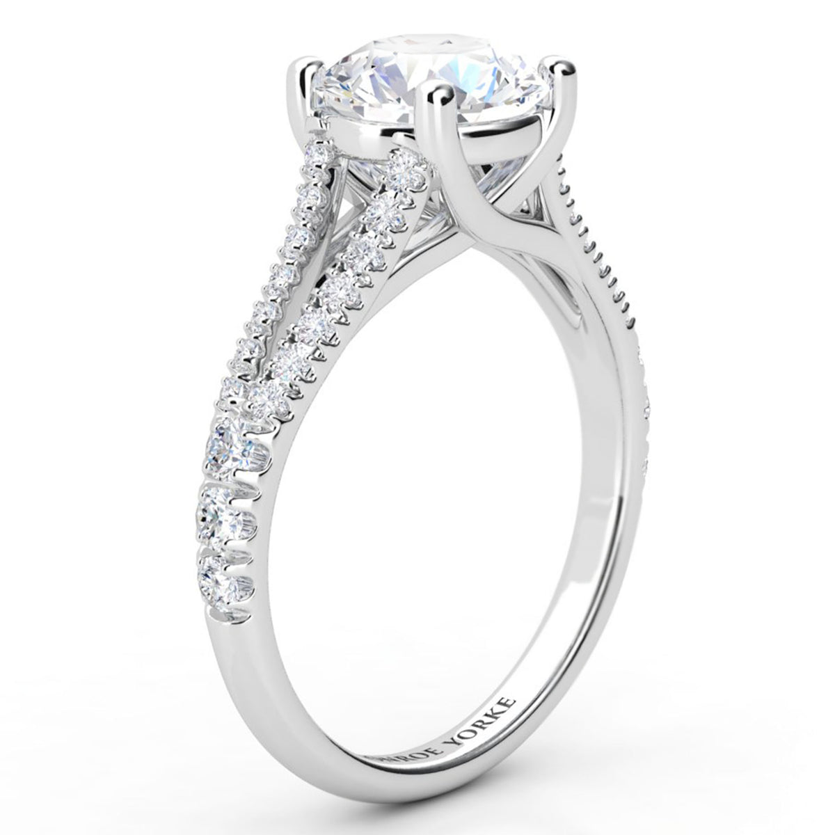 Cora split band engagement ring in white gold or platinum, side view showing the split band and the crossover centre setting.