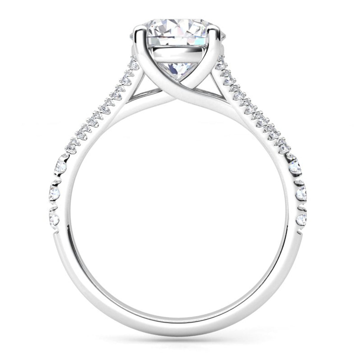 Cora split band engagement ring in white gold or platinum, side view of the crossover centre setting.