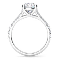 Cora split band engagement ring in white gold or platinum, side view of the crossover centre setting.