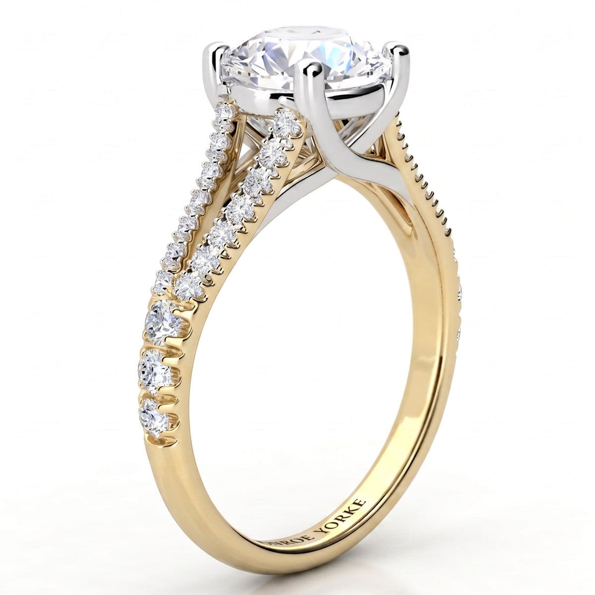 Cora yellow gold split band engagement ring, side view showing the crossover centre setting.