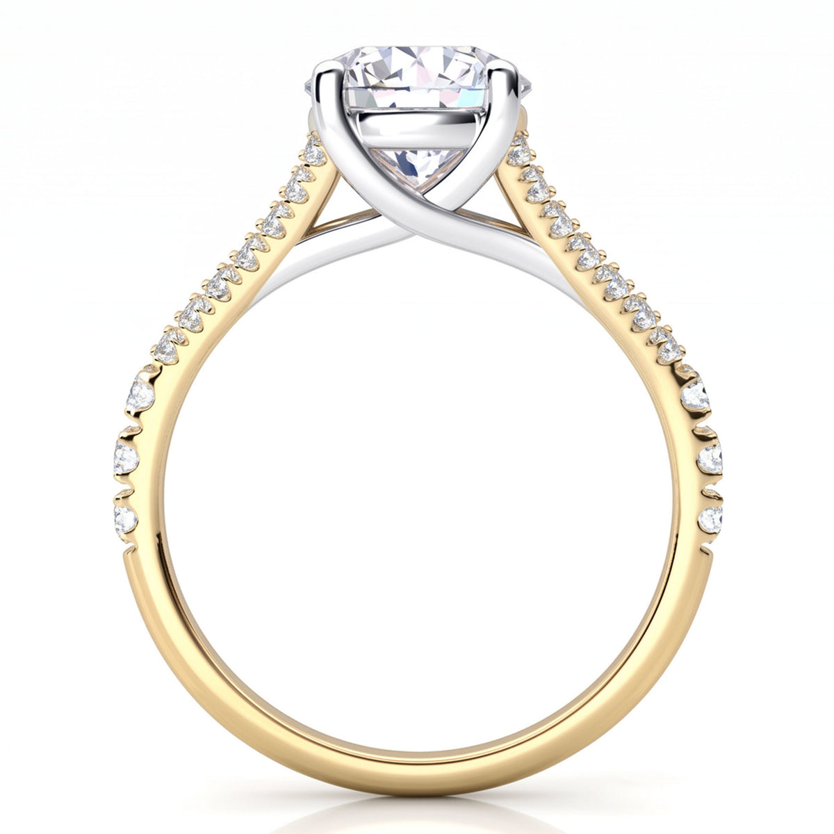 Cora yellow gold split band engagement ring, second side view of the crossover centre setting and the split band.