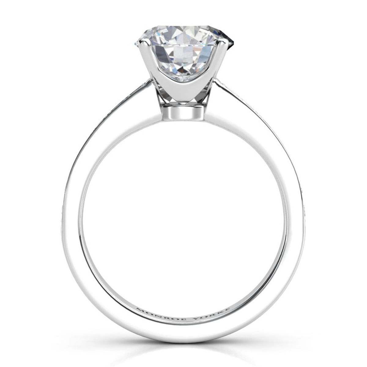 Danae engagement ring in white gold or platinum. Close view of the pave-set shoulder diamonds.