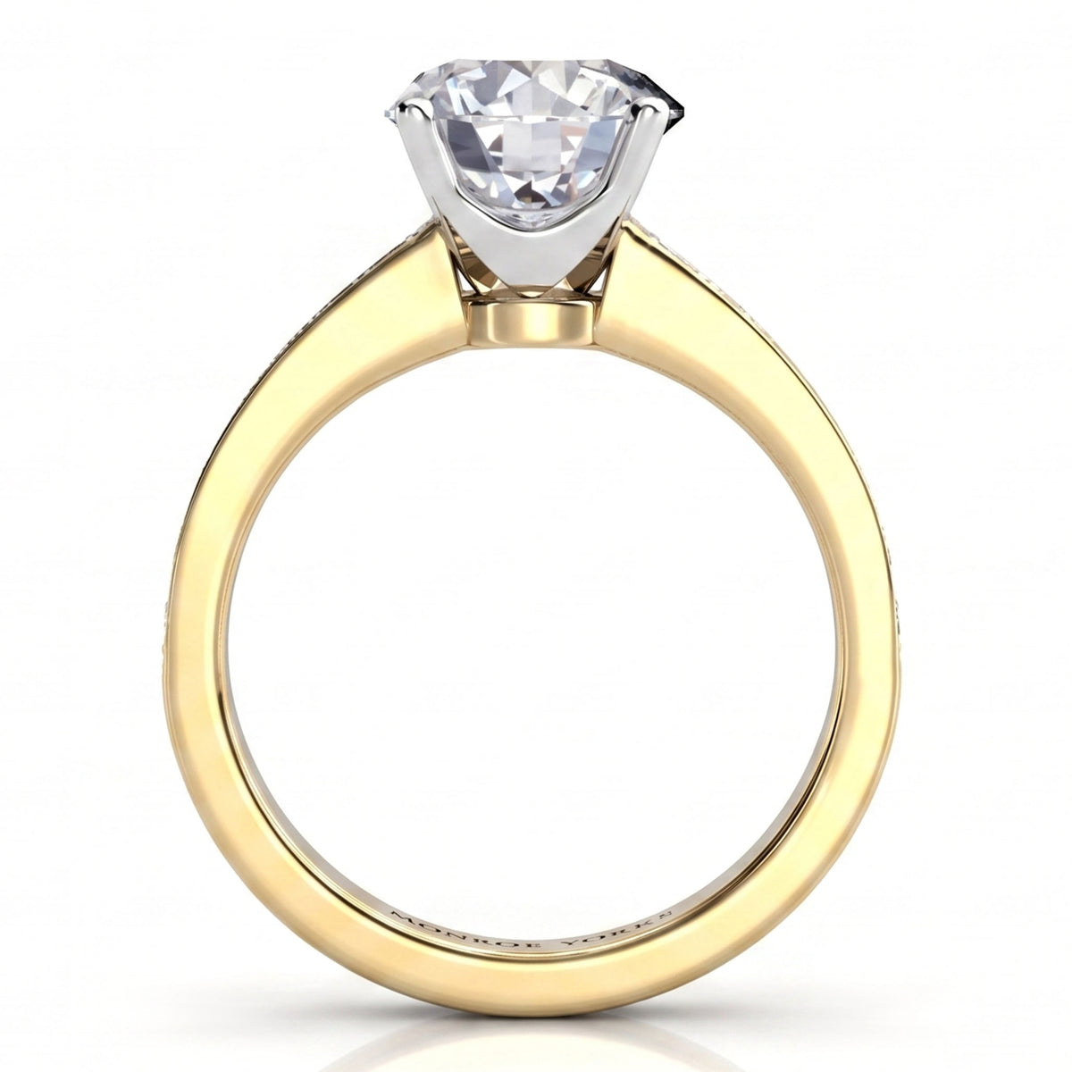 Danae engagement ring in yellow gold, second side view of the pave-set shoulders.