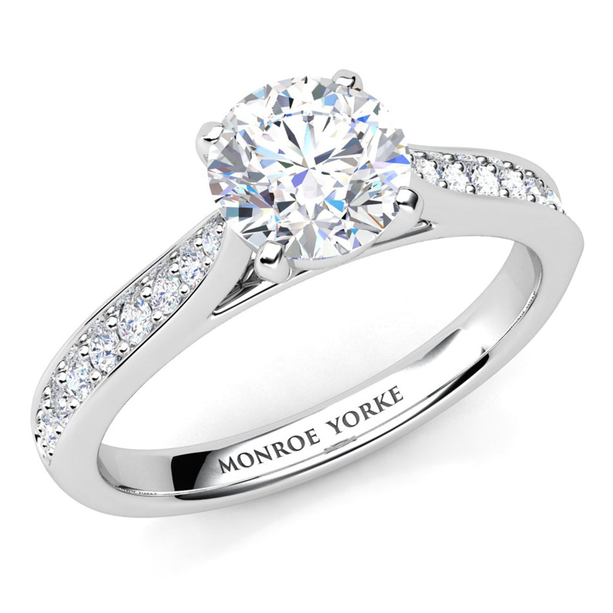 Denver engagement ring in white gold or platinum, round brilliant centre diamond in a four claw head.