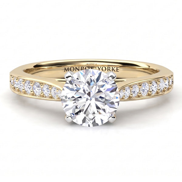 Denver yellow gold engagement ring, round brilliant centre diamond in a four claw head with micro claw set diamonds along the shoulders.