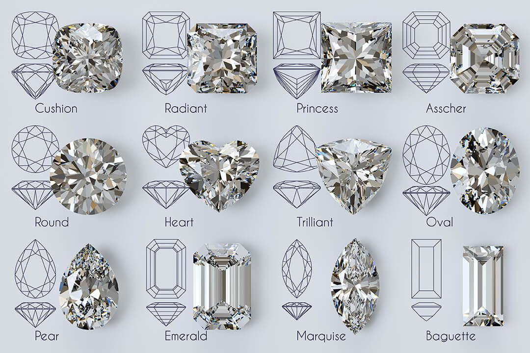 Diamond shapes compared. Actual diamonds shown. Round, princess, cushion, radiant, Asscher, heart. oval, pear, emerald, marquise, baguette
