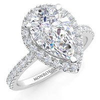 Dune Pear Cut Diamond Halo Engagement Ring, Diamonds on the band. 18ct White gold 