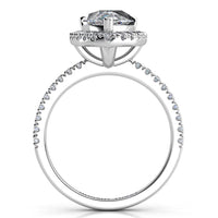 Dune pear cut diamond halo engagement ring in white gold, profile view of the diamond set band