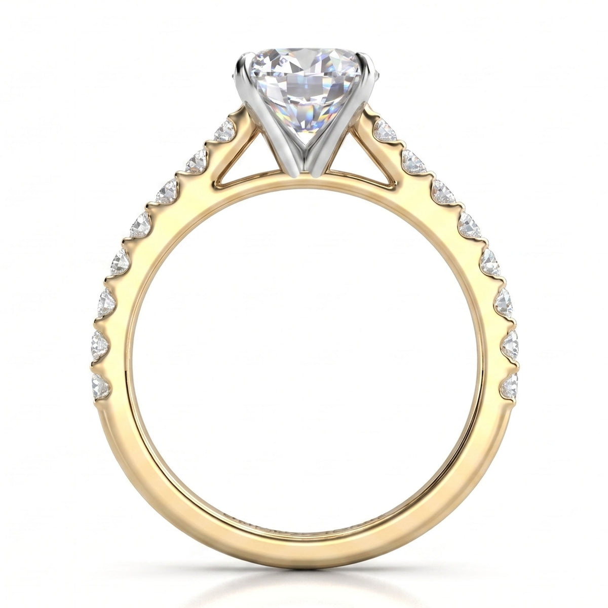 A two-tone diamond engagement ring featuring a yellow gold band with pavé-set round diamonds prong setting holding a large round brilliant-cut center stone, shown on a white background.