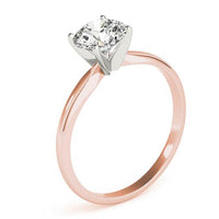 Promise rose gold solitaire ring, side profile showing the white gold claw head above the rose band