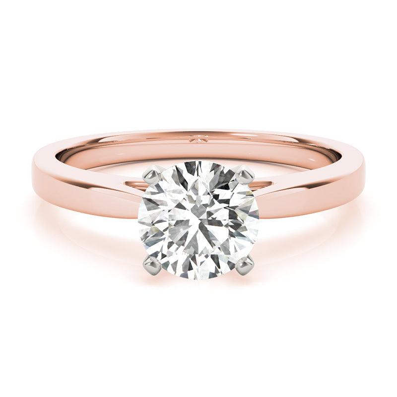 Elora four claw solitaire engagement ring in rose gold, front view with the round brilliant centre raised on four claws