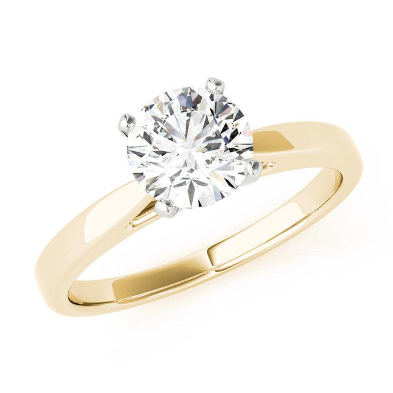 Elora four claw solitaire engagement ring in yellow gold, front view with the round brilliant centre raised on four claws