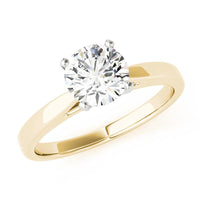 Elora four claw solitaire engagement ring in yellow gold, front view with the round brilliant centre raised on four claws