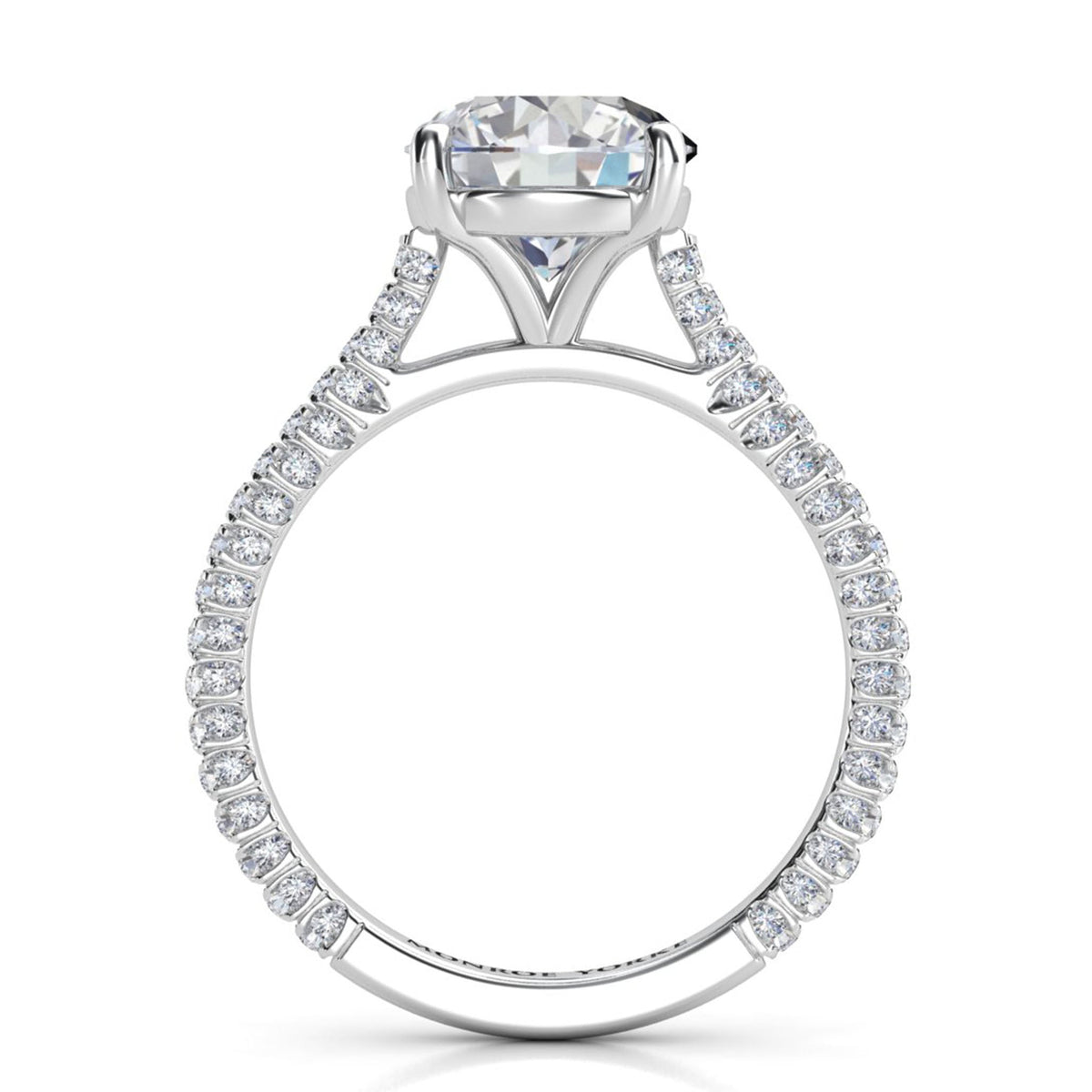 Elsie engagement ring in white gold or platinum. Close view of the pave-set diamonds along the band.