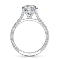 Elsie engagement ring in white gold or platinum. Close view of the pave-set diamonds along the band.