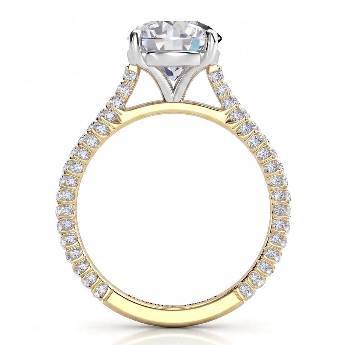 Elsie engagement ring in yellow gold. Close view of the pave-set diamonds along the band.