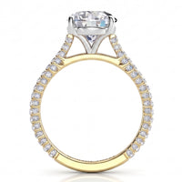 Elsie engagement ring in yellow gold. Close view of the pave-set diamonds along the band.