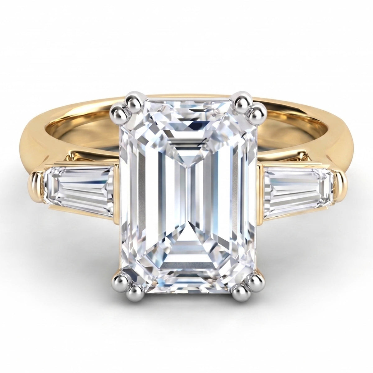 Envy - 2 Carat Emerald and Baguette Three Stone Lab Grown Diamond Ring — hand-finished lab grown engagement ring by Monroe Yorke Diamonds — view 6