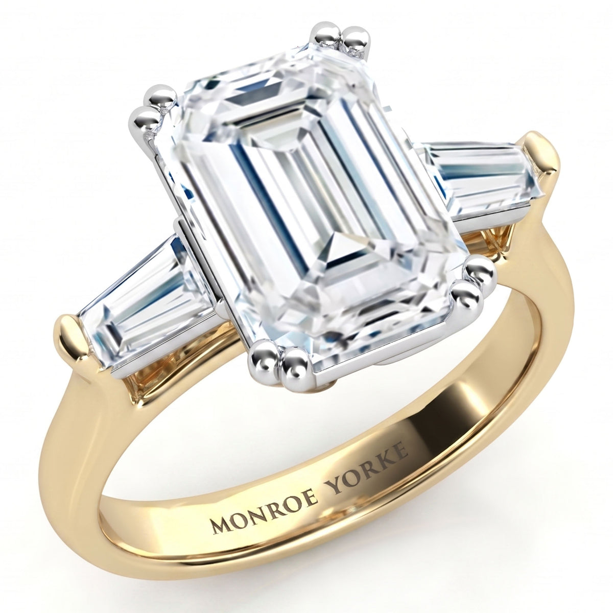 Envy - 2 Carat Emerald and Baguette Three Stone Lab Grown Diamond Ring — hand-finished lab grown engagement ring by Monroe Yorke Diamonds — view 7