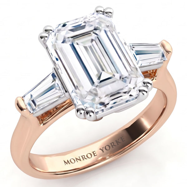 Envy - emerald centre and tapered baguette  cut three diamond ring, Trilogy ring. Rose Gold