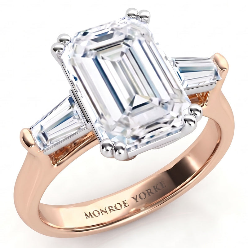 Envy - emerald centre and tapered baguette  cut three diamond ring, Trilogy ring. Rose Gold