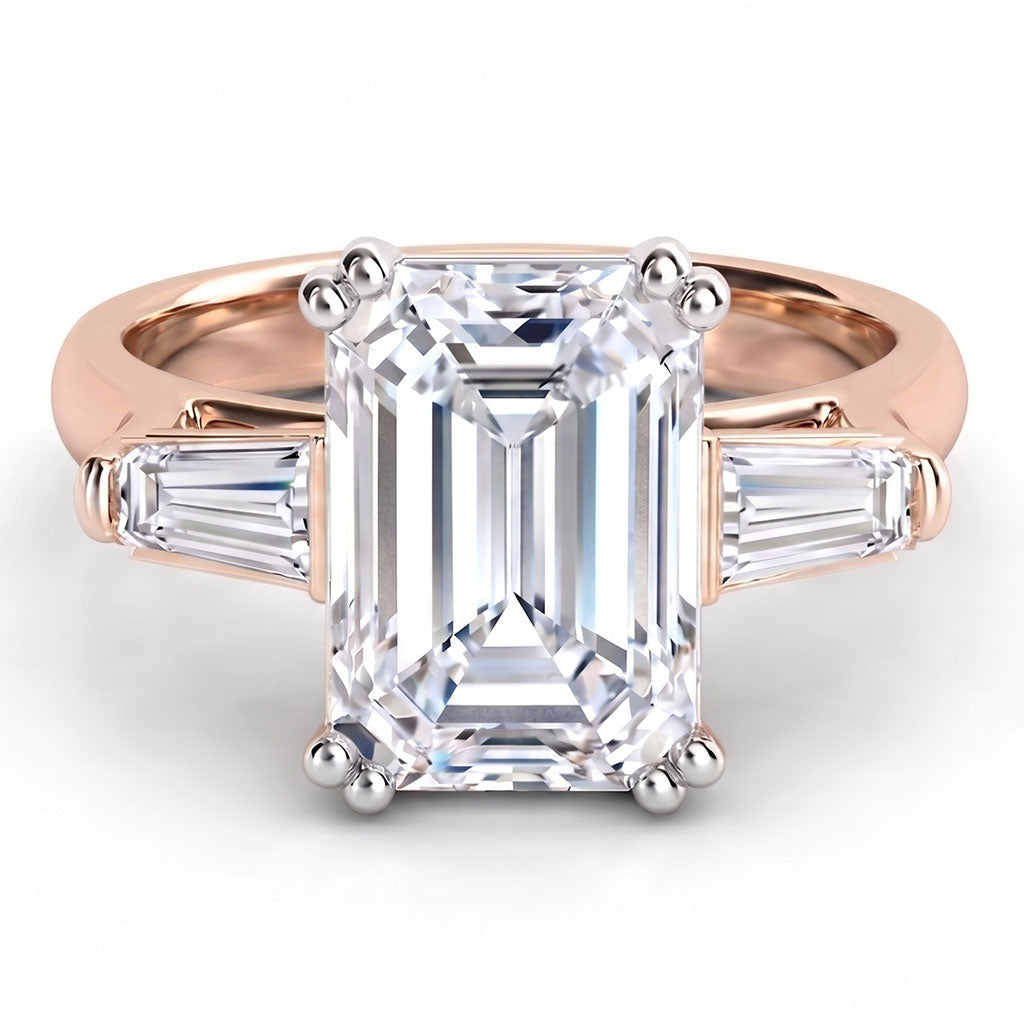 Envy Rose Gold - emerald centre and tapered baguette  cut three diamond ring, Trilogy ring. 