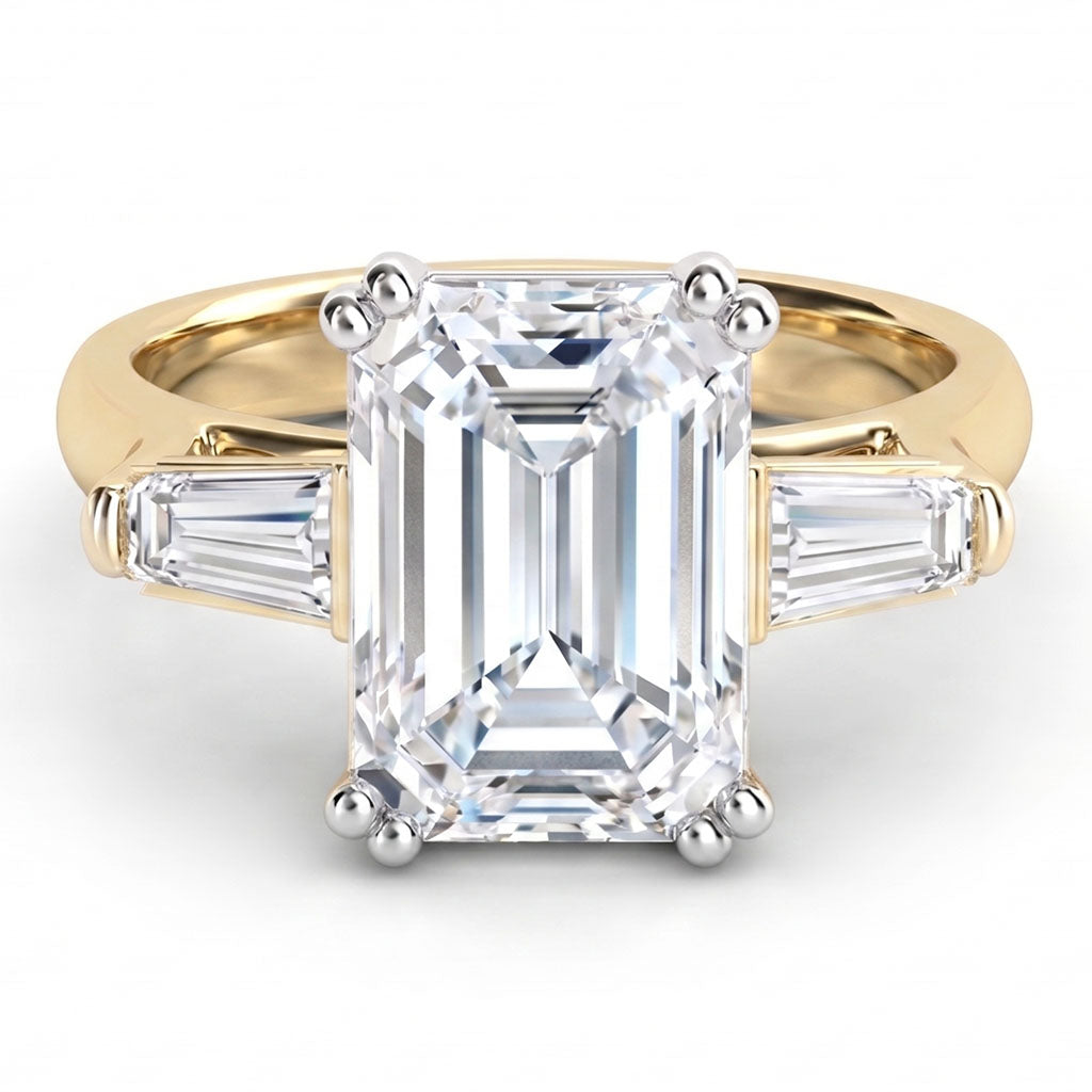 Envy yellow gold. - emerald centre and tapered baguette  cut three diamond ring, Trilogy ring. 