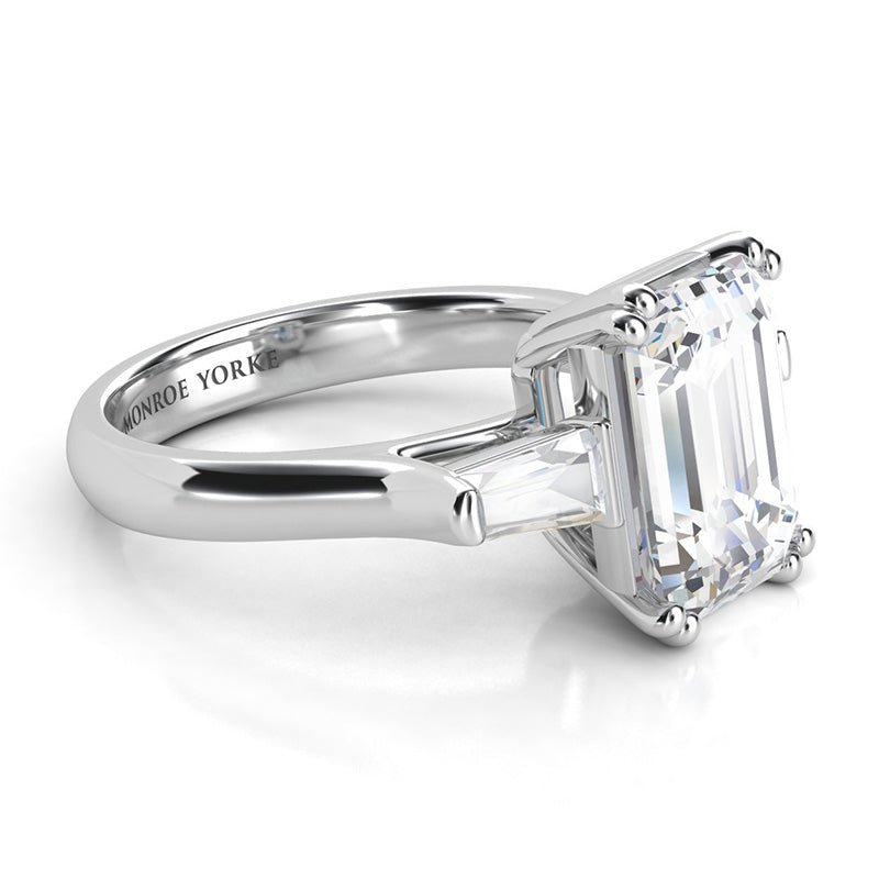 Envy - 2 Carat Emerald and Baguette Three Stone Lab Grown Diamond Ring — hand-finished lab grown engagement ring by Monroe Yorke Diamonds — view 4