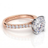 Enya rose gold engagement ring, round brilliant centre diamond above a shank set with small micro claw diamonds.