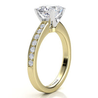 Fifth Avenue yellow gold engagement ring, close view of the princess cut centre diamond and the micro claw set band.