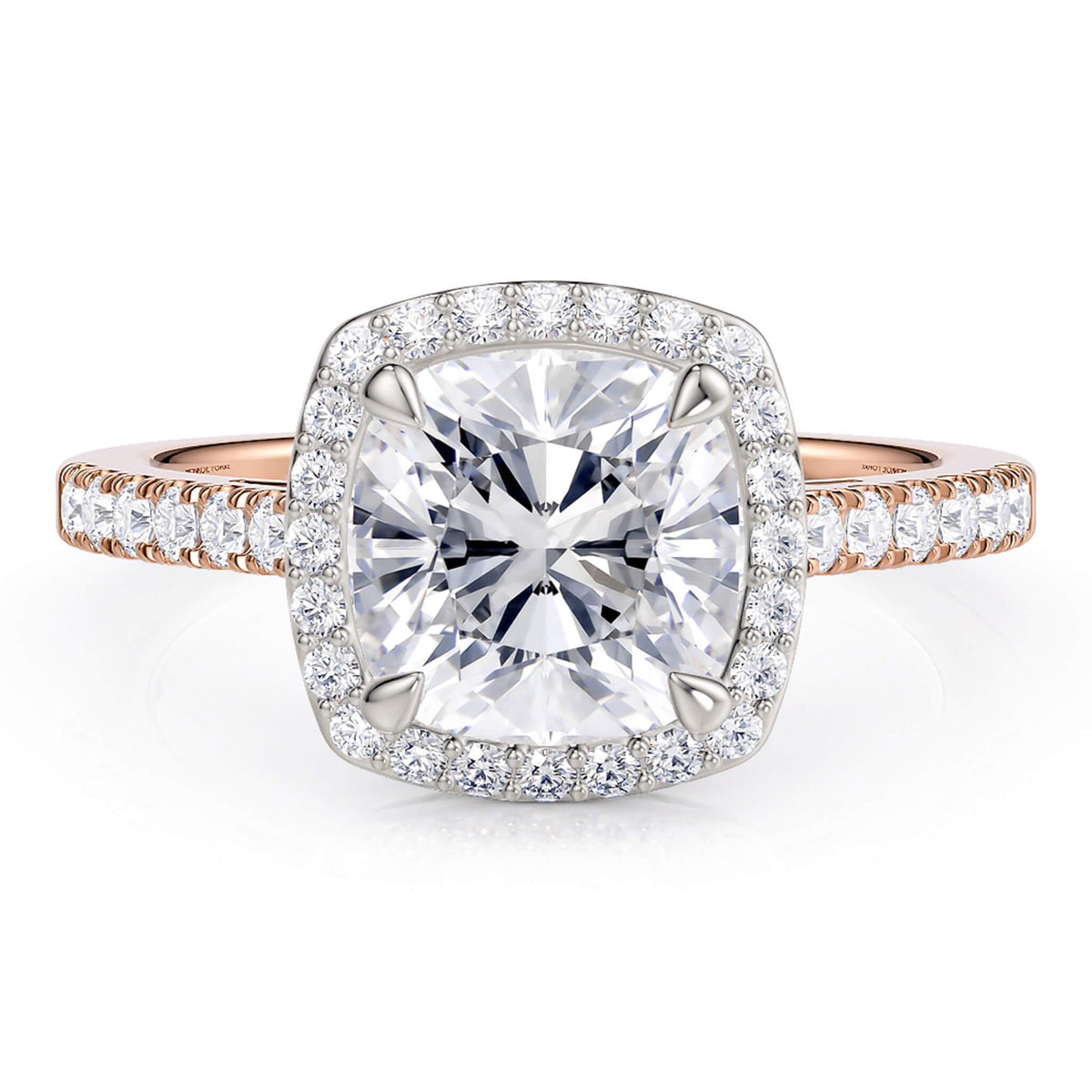 Frankie in 18ct rose gold, halo of diamonds around the cushion cut centre