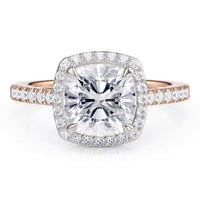 Frankie in 18ct rose gold, halo of diamonds around the cushion cut centre