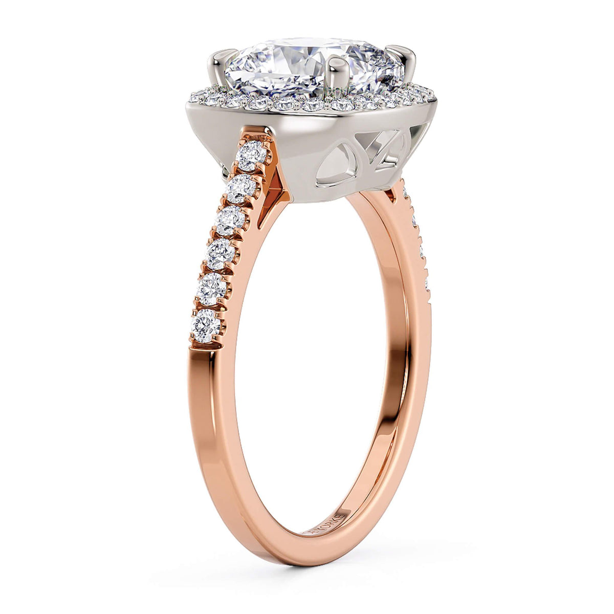 Frankie in 18ct rose gold, profile view of the diamond-set band