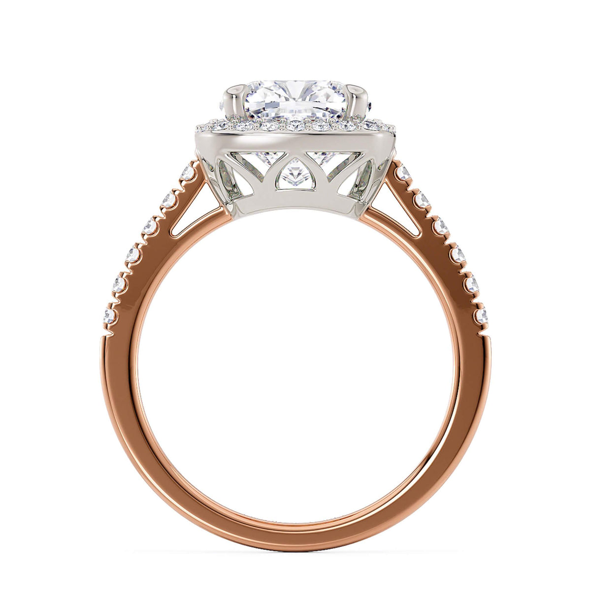 Frankie in 18ct rose gold, detail of the triangular cut-outs that let light into the centre diamond