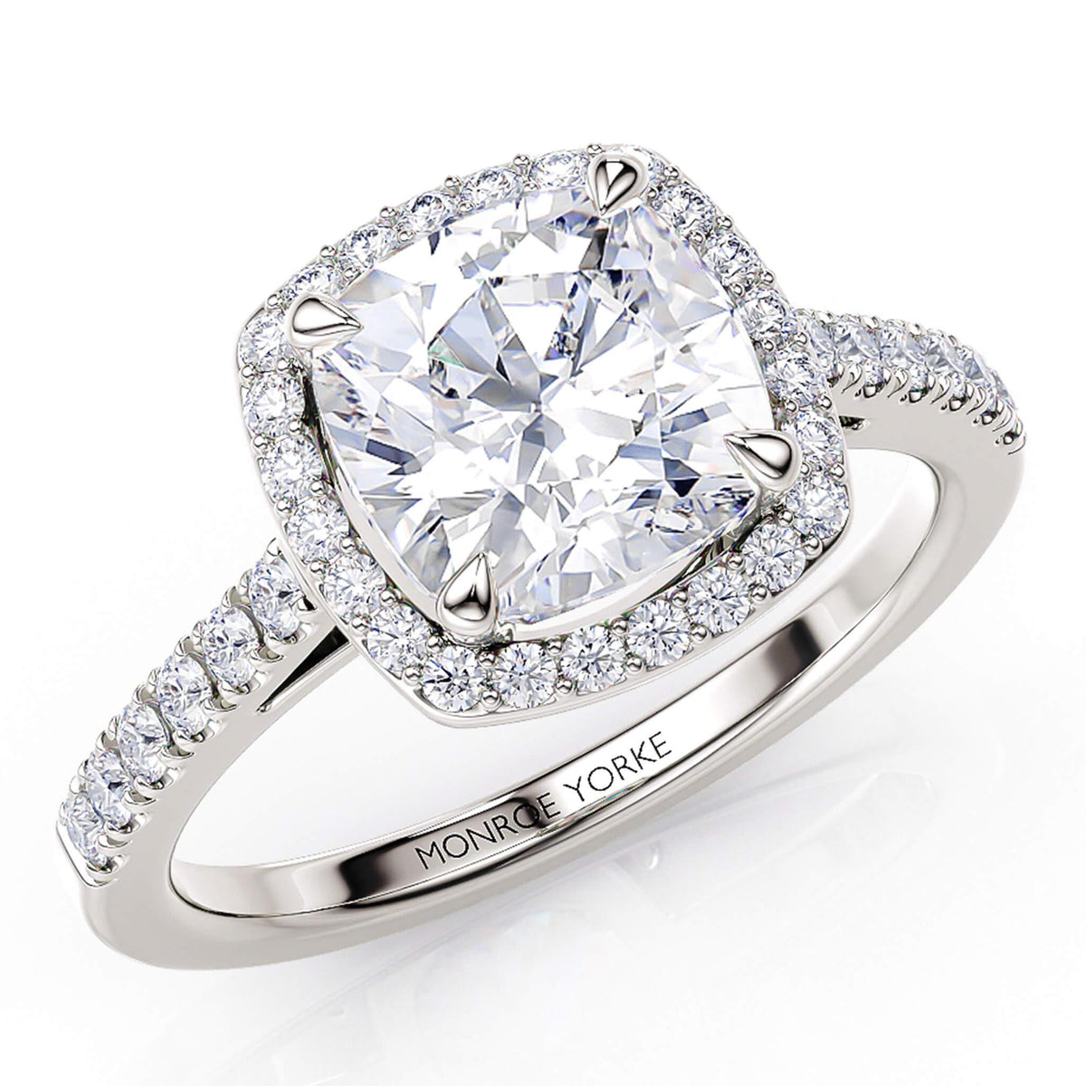 Frankie cushion cut diamond halo engagement ring in 18ct white gold, top view