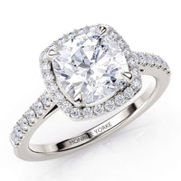 Frankie cushion cut diamond halo engagement ring in 18ct white gold, top view