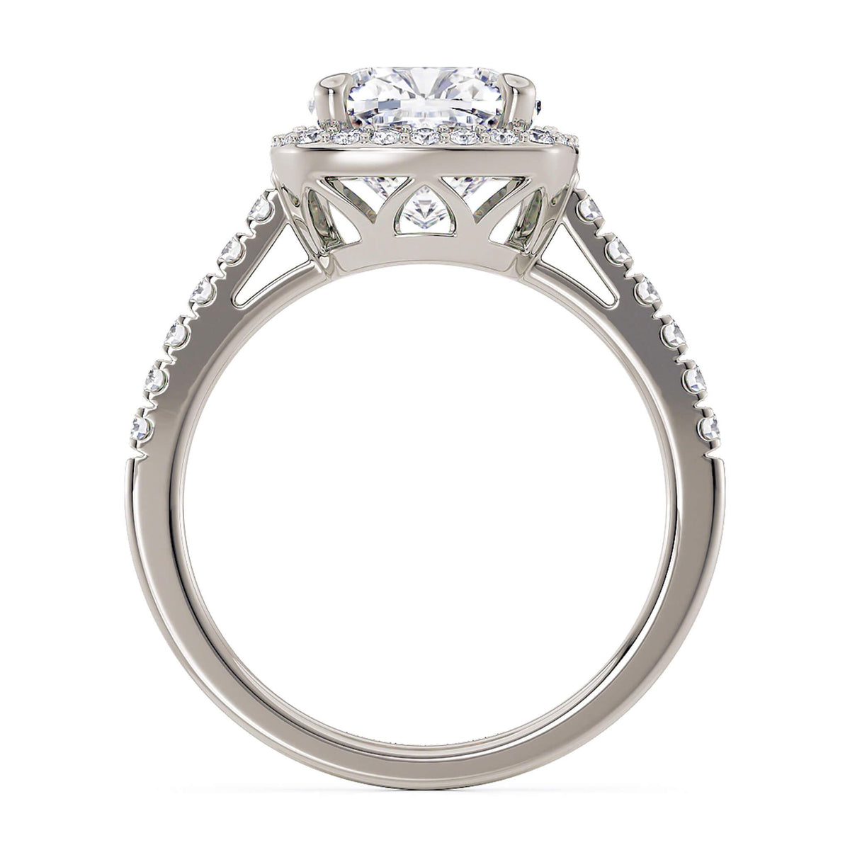 Frankie in 18ct white gold, detail of the triangular cut-outs that let light into the centre diamond